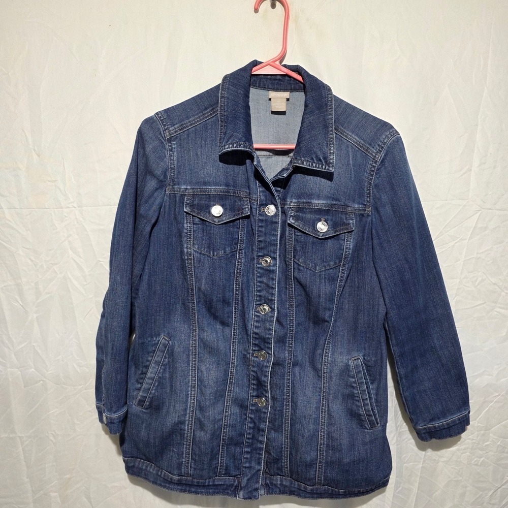 Chico's Denim Jacket Dark Wash Button Front Stretch Petite 1P US 8/10P